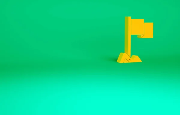 緑の背景に隔離されたオレンジ色の旗のアイコン ロケーションマーカーシンボル 最小限の概念 3Dイラスト3Dレンダリング — ストック写真