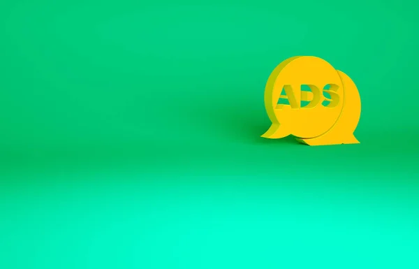 緑の背景に隔離されたオレンジの広告アイコン マーケティングとプロモーションプロセスの概念 反応の良い広告 ソーシャルメディア広告 最小限の概念 3Dイラスト3Dレンダリング — ストック写真