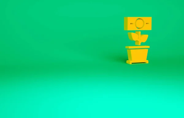 緑の背景に隔離されたポットアイコン内のオレンジマネープラント 設備投資の成長コンセプト 貯蓄と投資 最小限の概念 3Dイラスト3Dレンダリング — ストック写真
