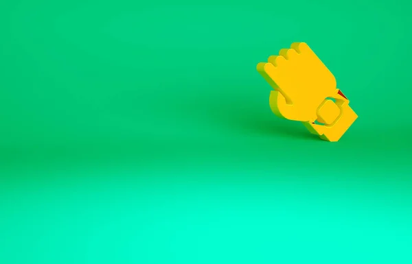 緑の背景に隔離された手のアイコン上のオレンジスマートウォッチ フィットネスアプリのコンセプト 最小限の概念 3Dイラスト3Dレンダリング — ストック写真