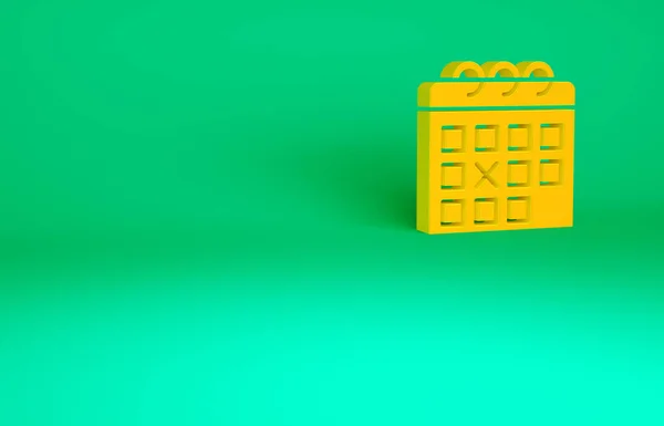 緑の背景に隔離されたオレンジカレンダーフィットネスアイコン 訓練スケジュール 最小限の概念 3Dイラスト3Dレンダリング — ストック写真