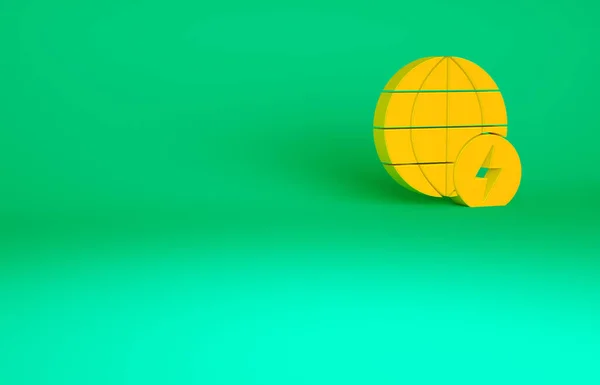 オレンジ緑色の背景に孤立したフラッシュ落雷のアイコンを持つ世界的なエネルギー惑星 生態系の概念と環境 最小限の概念 3Dイラスト3Dレンダリング — ストック写真