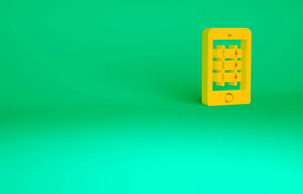 橙色在线订票和购买应用程序接口图标孤立的绿色背景 电子机票订购 电子火车票在银幕上 最低纲领的概念 3D渲染3D插图 — 图库照片