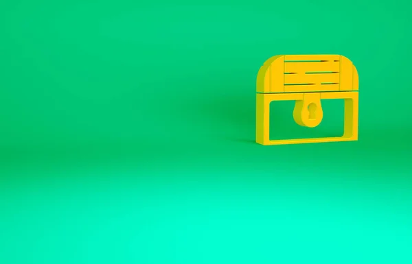 橙色古董宝箱图标孤立在绿色背景 老式木箱与金币 最低纲领的概念 3D渲染3D插图 — 图库照片