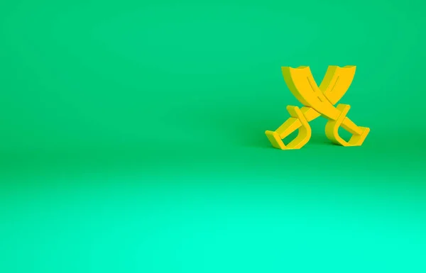 Orange Crossed pirate swords icon isolated on green background. Sabre sign. Minimalism concept. 3d illustration 3D render.