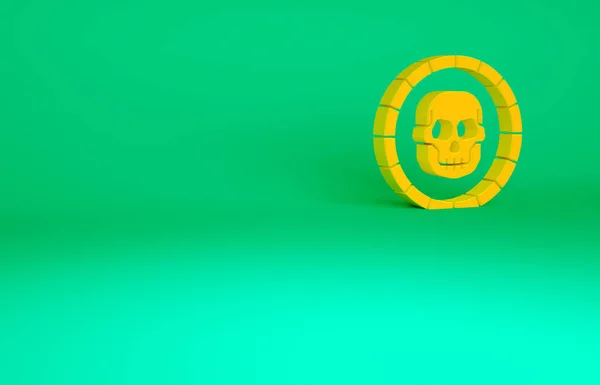 オレンジ緑の背景に隔離された海賊コインアイコン 最小限の概念 3Dイラスト3Dレンダリング — ストック写真