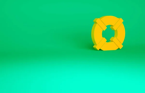 緑の背景に隔離されたオレンジライフブイのアイコン ライフベルトのシンボル 最小限の概念 3Dイラスト3Dレンダリング — ストック写真