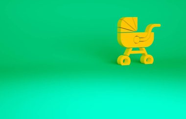 Turuncu Bebek puseti simgesi yeşil arkaplanda izole edildi. Bebek arabası, at arabası, bebek arabası, bebek arabası, tekerlek. Minimalizm kavramı. 3d illüstrasyon 3B canlandırma.