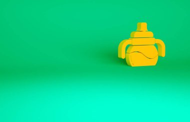 Turuncu bebek ikonu yeşil arka planda izole edilmiş. Beslenme şişesi simgesi. Süt şişesi tabelası. Minimalizm kavramı. 3d illüstrasyon 3B canlandırma.