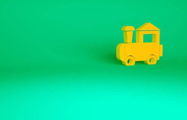 Turuncu oyuncak tren ikonu yeşil arkaplanda izole edildi. Minimalizm kavramı. 3d illüstrasyon 3B canlandırma.