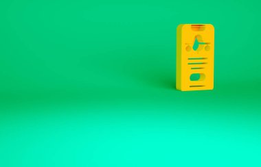 Yeşil arka planda izole edilmiş elektronik uçuş kartı olan turuncu akıllı telefon. Web ve uygulama için yolcu uçağı bileti. Minimalizm kavramı. 3d illüstrasyon 3B canlandırma.