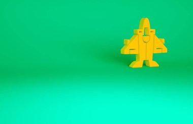 Turuncu Jet savaş ikonu yeşil arka planda izole edildi. Askeri uçak. Minimalizm kavramı. 3d illüstrasyon 3B canlandırma.