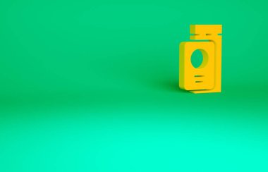 Yeşil arka planda bilet simgesi olan turuncu pasaport. Kimlik Belgesi. Konsept seyahat ve turizm. Minimalizm kavramı. 3d illüstrasyon 3B canlandırma.