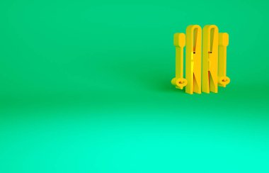 Turuncu Kayak ve Çubuk simgesi yeşil arka planda izole edildi. Olağanüstü bir spor. Kayak ekipmanları. Kış sporları ikonu. Minimalizm kavramı. 3d illüstrasyon 3B canlandırma.