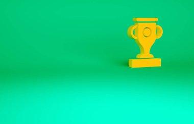 Turuncu Ödüllü kupa ikonu yeşil arka planda izole edildi. Galibiyet ödülü sembolü. Şampiyonluk ya da yarışma kupası. Spor başarısı işareti. Minimalizm kavramı. 3d illüstrasyon 3B canlandırma.