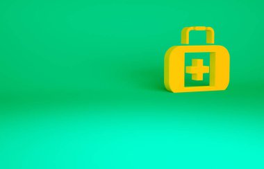 Turuncu ilk yardım çantası simgesi yeşil arkaplanda izole edildi. Haçlı sağlık kutusu. Acil durumlar için tıbbi ekipman. Sağlık sigortası konsepti. Minimalizm kavramı. 3d illüstrasyon 3B canlandırma.