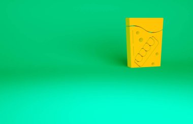 Yeşil arka planda izole edilmiş cam ikonlu turuncu sahte çene. Diş çene ya da takma dişler, kesici dişli takma dişler. Minimalizm kavramı. 3d illüstrasyon 3B canlandırma.