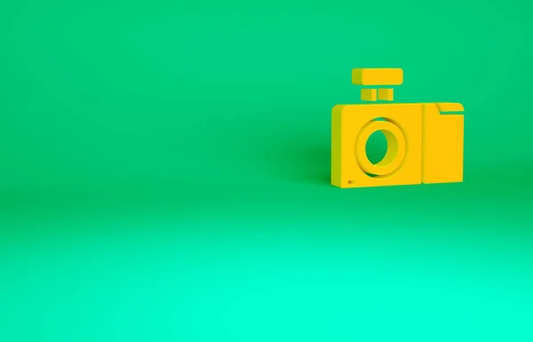 Иконка Оранжевой Фотокамеры Выделена Зеленом Фоне Значок Фотокамеры Концепция Минимализма — стоковое фото
