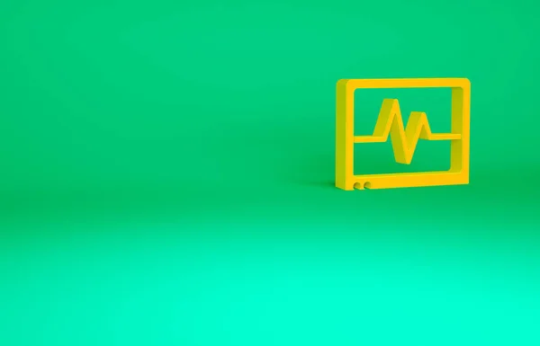 Orange Computer monitor with cardiogram icon isolated on green background. Monitoring icon. ECG monitor with heart beat hand drawn. Minimalism concept. 3d illustration 3D render.
