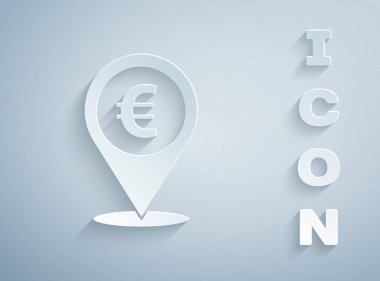 Kağıt kesiği Cash lokasyon simgesi gri arka planda izole. İşaretçi ve Avro sembolü. Para yeri. İş ve yatırım konsepti. Kağıt sanatı tarzı. Vektör İllüstrasyonu.