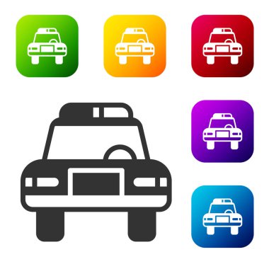 Siyah polis arabası ve polis teşhircisi ikonu beyaz arka planda izole edilmiş. Acil durum sireni. Renkli kare düğmelerle simgeleri ayarla. Vektör.