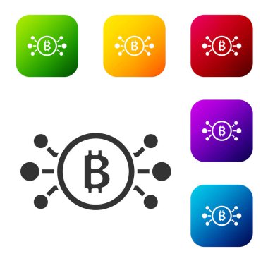 Beyaz zemin üzerinde izole edilmiş mikroçip devre ikonu olan siyah kripto para birimi bitcoin daire içinde. Engelleme teknolojisi, dijital para piyasası. Renkli kare düğmelerle simgeleri ayarla. Vektör.