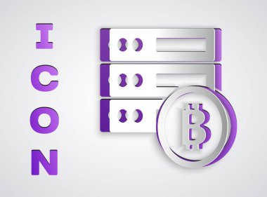 Kağıt kesiği Sunucu bitcoin simgesi gri arkaplanda izole edildi. Kağıt sanatı tarzı. Vektör.