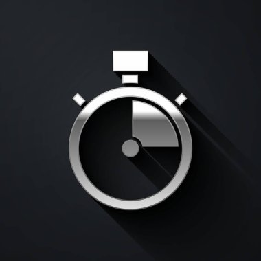Gümüş Kronometre simgesi siyah arkaplanda izole edildi. Zaman göstergesi. Kronometre işareti. Uzun gölge tarzı. Vektör.