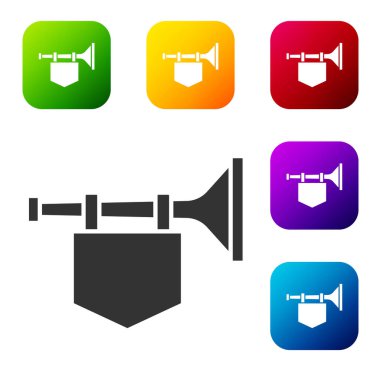 Beyaz zemin üzerinde bayrak simgesi olan siyah trompet. Müzik aleti trompeti. Renkli kare düğmelerle simgeleri ayarla. Vektör.