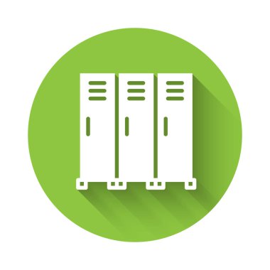 Beyaz soyunma odası ya da hokey, futbol, basketbol takımı ya da uzun gölgeli işçiler için soyunma odası. Yeşil daire düğmesi. Vektör.