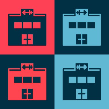 Pop Art Gym binası ikonu renk arkaplanında izole edilmiş. Spor kulübü. Vektör.