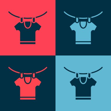 Pop Art Kurutma ikonu renk arkaplanında izole edilmiş. Temiz gömlek. Çamaşırları çamaşır mandallarıyla iple yıka. Kıyafet bakımı ve düzenlilik. Vektör.