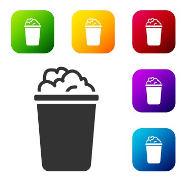 Beyaz zemin üzerinde sabun köpüğü simgesi olan siyah kova. Sulu kase. Çamaşır yıkama, temizlik malzemeleri. Renkli kare düğmelerle simgeleri ayarla. Vektör.