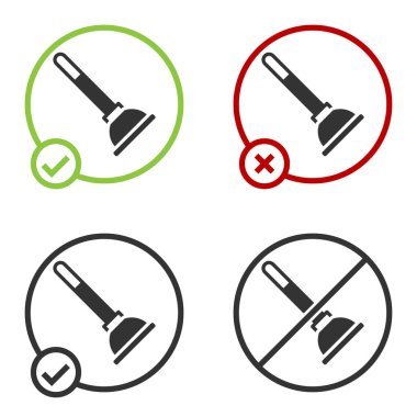 Boru temizleme ikonu için ahşap saplı siyah lastik pompa beyaz arka planda izole edilmiş. Tuvalet pompası. Çember düğmesi. Vektör.