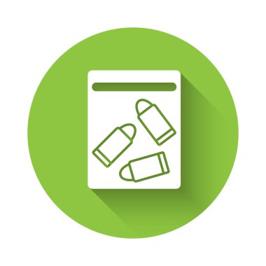 Beyaz kanıt torbası ve uzun gölgeli kurşun ikonu. Yeşil daire düğmesi. Vektör.