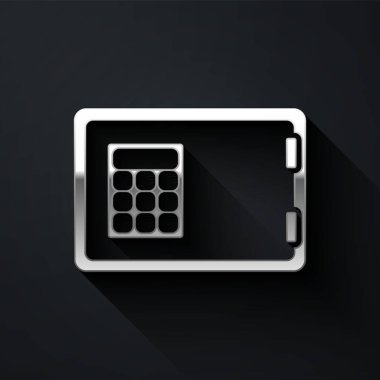 Gümüş Kasa simgesi siyah arkaplanda izole edildi. Kapı, şifreli bir banka kasası. Güvenilir Veri Koruma. Uzun gölge tarzı. Vektör.