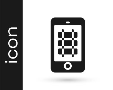 Siyah Online bilet rezervasyonu ve uygulama arayüzü simgesi alma beyaz arka planda izole edildi. E-bilet siparişi. Elektronik tren bileti ekranda. Vektör.