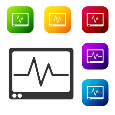Beyaz zemin üzerinde kardiyogram simgesi olan siyah bilgisayar monitörü. Simge denetleniyor. Kalp atışı elle çizilmiş EKG monitörü. Renkli kare düğmelerle simgeleri ayarla. Vektör.