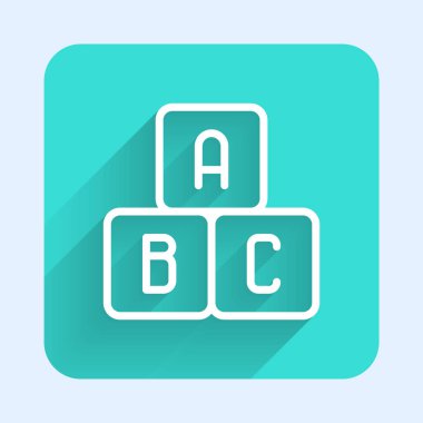 Beyaz çizgi ABC uzun gölge ile izole edilmiş simge blokları. A, B, C harfli alfabe küpleri. Yeşil kare düğmesi. Vektör İllüstrasyonu.