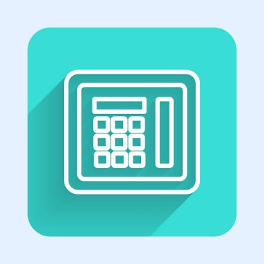 Beyaz çizgi güvenli simgesi uzun gölgeli. Kapı, şifreli bir banka kasası. Güvenilir Veri Koruma. Yeşil kare düğmesi. Vektör İllüstrasyonu.