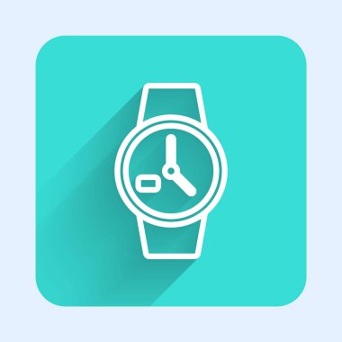 Beyaz çizgi bilek saat ikonu uzun gölgeli izole. Kol saati simgesi. Yeşil kare düğmesi. Vektör İllüstrasyonu.