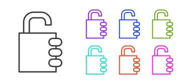 Beyaz arkaplanda siyah çizgi şifreli kilit simgesi izole edildi. Kombinasyon asma kilit. Güvenlik, güvenlik, koruma, şifre, gizlilik. Simgeleri renklendirin. Vektör İllüstrasyonu.