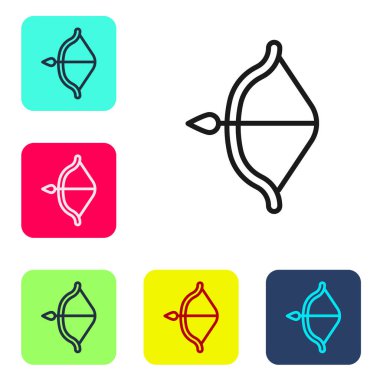 Siyah çizgi ortaçağ yayı ve ok simgesi beyaz arka planda izole edilmiş. Ortaçağ silahı. Renkli kare düğmelerle simgeleri ayarla. Vektör.