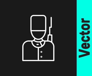 Ayı postu şapkalı beyaz atlı İngiliz muhafız siyah arka planda izole edildi. Vektör.