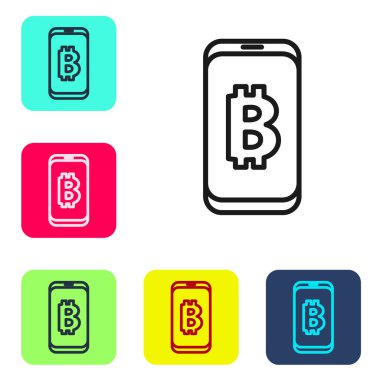 Siyah çizgi, beyaz arka planda izole edilmiş mobil ikondan bitcoin çıkartıyor. Kripto para birimi madenciliği, engelleme zinciri teknoloji servisi. Renkli kare düğmelerle simgeleri ayarla. Vektör.