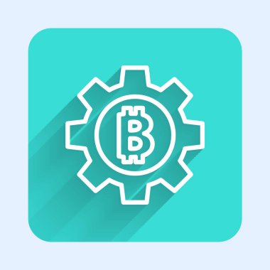 Beyaz çizgi kripto para birimi Bitcoin simgesi uzun gölgeli izole edilmiş. Vites ve Bitcoin ayarı. Engelleme zinciri tabanlı şifreli para birimi. Yeşil kare düğmesi. Vektör.