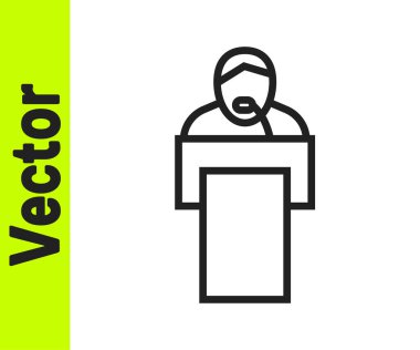 Siyah çizgi, ders simgesini beyaz arkaplanda izole eder. Podyumun yanında dur. Mikrofona konuş. Konuşmacı nutuklar ve jestler. Vektör.