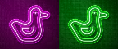 Parlayan neon çizgisi, mor ve yeşil arkaplanda izole edilmiş plastik ördek ikonu. Vektör.