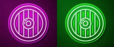 Parlak neon çizgisi, mor ve yeşil arka planda izole edilmiş yuvarlak ahşap kalkan simgesi. Güvenlik, güvenlik, koruma, mahremiyet, koruma kavramı. Vektör.