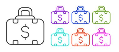 Siyah çizgi evrak çantası ve para simgesi beyaz arka planda izole edildi. İş ilanı. İş portföyü. Simgeleri renklendirin. Vektör.